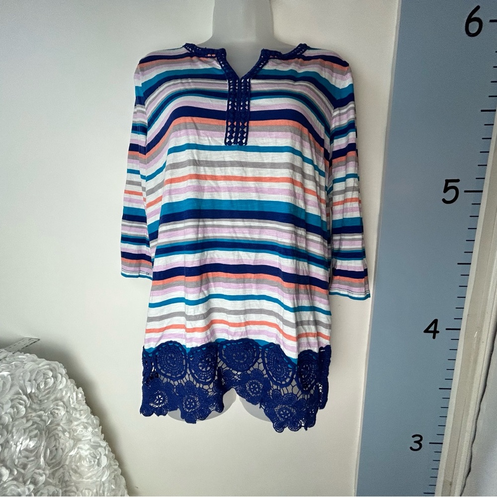 Lands' End Dark Blue White Striped Blouse w/Crochet Collar & Bottom‎ Medium